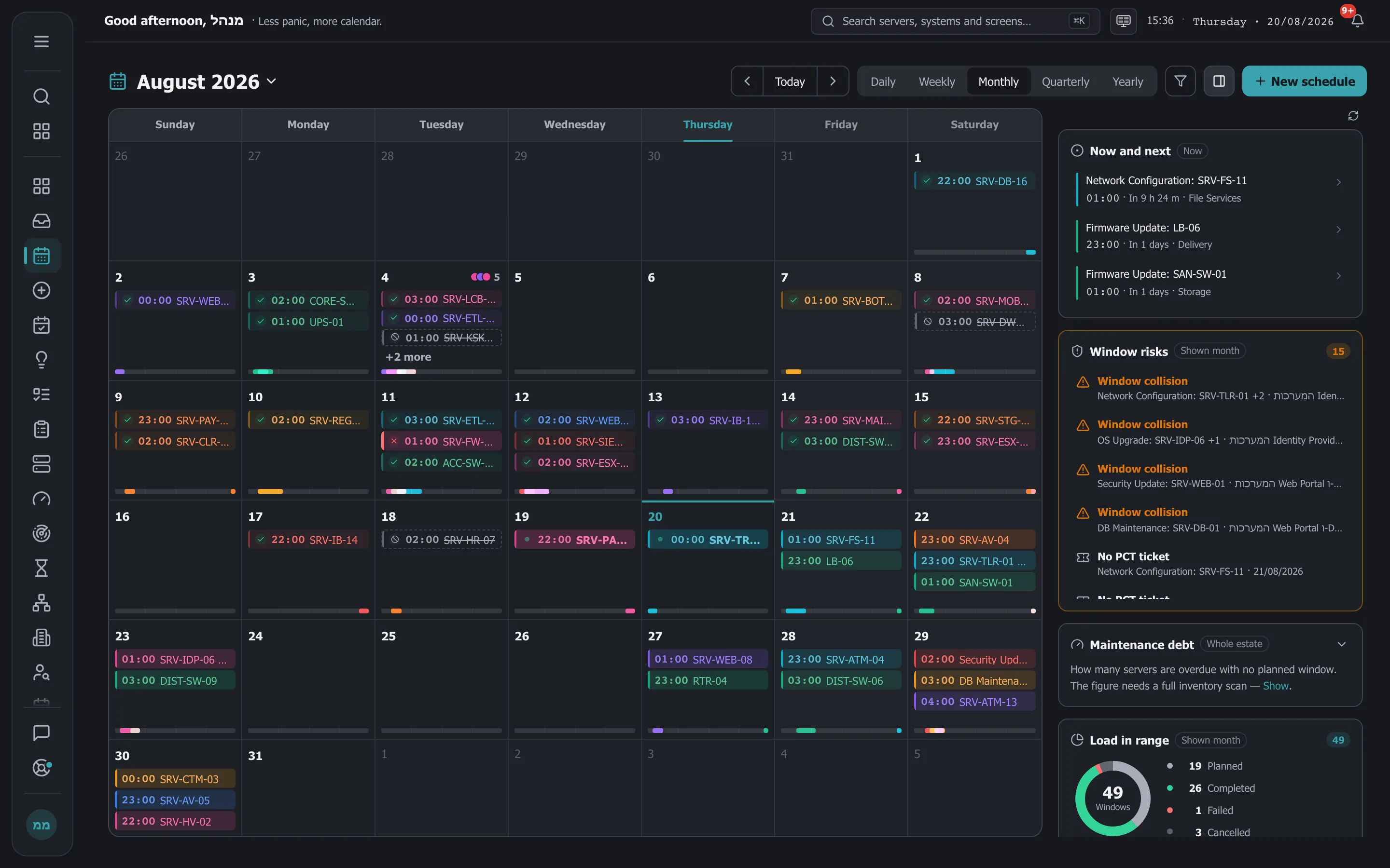 The Regulaxy monthly calendar, with maintenance windows marked by status.