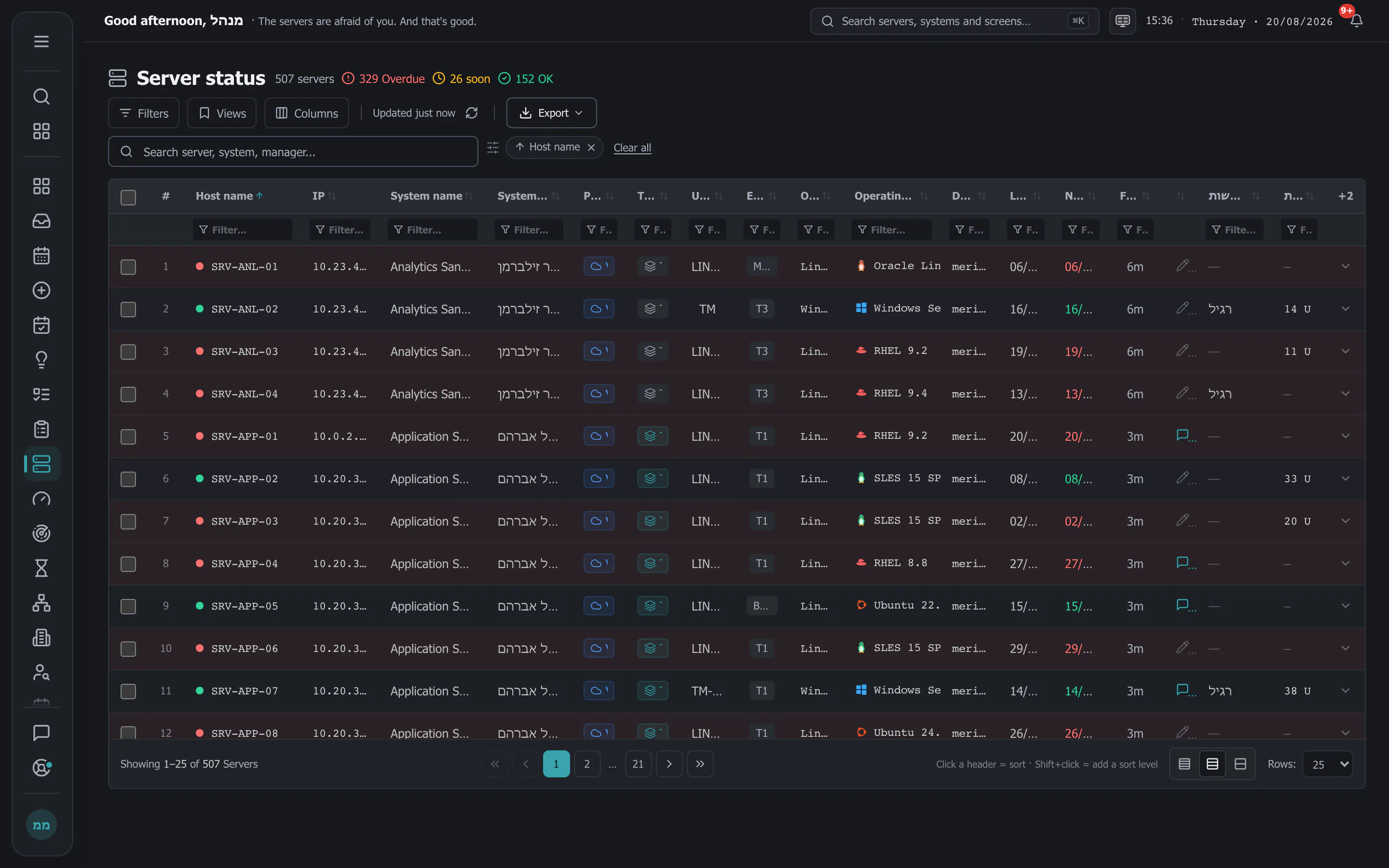 The Regulaxy server register: a table of host name, IP, system name, system manager, tier and next due date.
